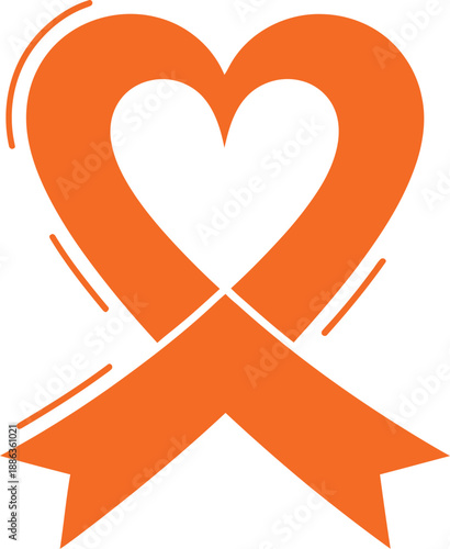 Orange awareness ribbon shaped like a heart for multiple sclerosis or leukemia support and solidarity symbol