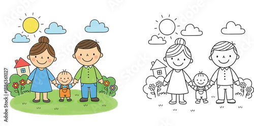 Happy Family with Mother Father and Toddler Child in Garden House Setting Cartoon Illustration and Black and White Line Art Coloring Page for Kids Education and Fun Activities