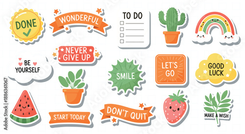 Cute motivational sticker set with inspirational quotes, rainbow, cactus, and fruit characters for planner and scrapbooking isolated on grid background