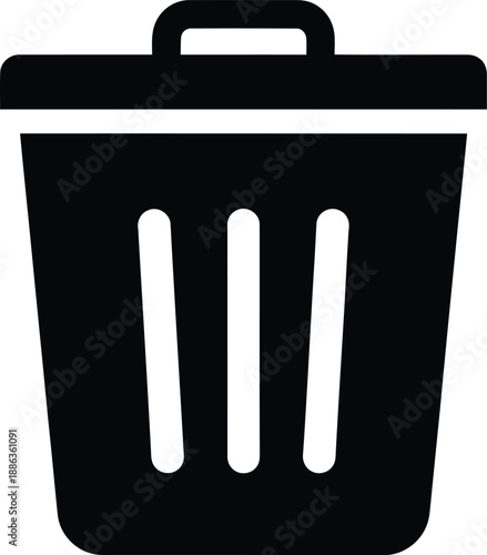 Black silhouette icon of a trash can or waste bin with lid, simple vector graphic for deletion or recycling concept