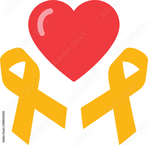 Red heart with two yellow awareness ribbons symbolizing support and love for causes like childhood cancer or sarcoma awareness