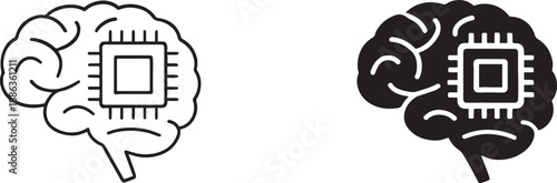 AI brain icon in bold and line art style for technology, artificial intelligence, apps.