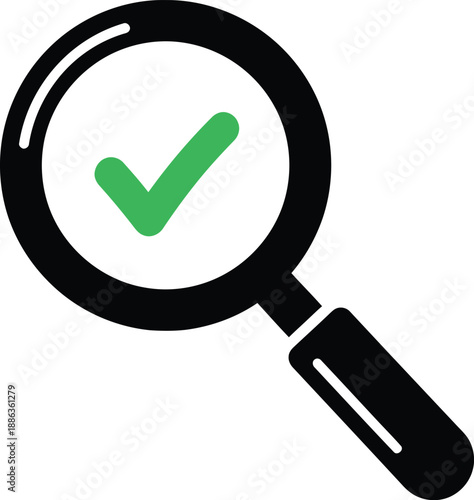 Magnifying glass with green check mark icon for search success, verification, or approved result