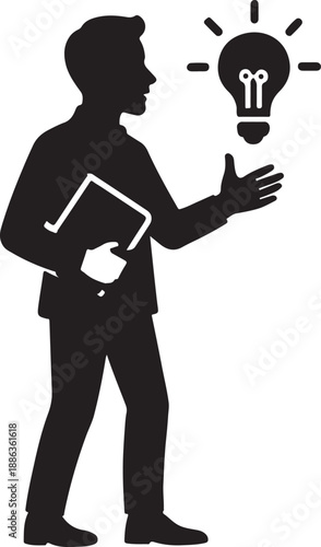 Silhouette of man with book gesturing towards a lightbulb idea