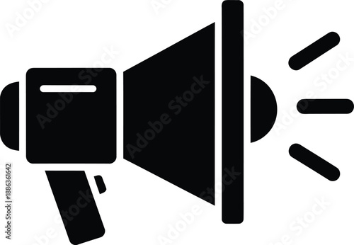Black silhouette icon of a megaphone or bullhorn for announcement, marketing, or public speaking concept
