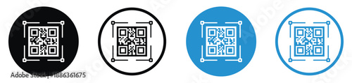 Set of QR code vector icons in different styles. Minimalist square matrix barcodes inside circular borders in black and blue, ideal for digital payments, scanning, and mobile link identification.