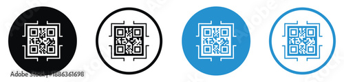 Set of QR code vector icons in different styles. Minimalist square matrix barcodes inside circular borders in black and blue, ideal for digital payments, scanning, and mobile link identification.