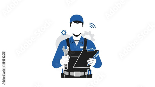 Mechanic holding wrench and clipboard with gears and wifi symbol.