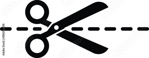 Black silhouette of scissors cutting a dashed line, icon representing cutting, trimming, or perforation