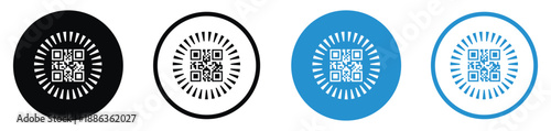 Set of QR code vector icons in different styles. Minimalist square matrix barcodes inside circular borders in black and blue, ideal for digital payments, scanning, and mobile link identification.