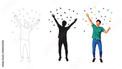 Celebration of success man jumping with arms raised amidst falling confetti in three styles outline, silhouette and color illustration