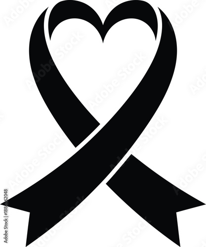 Black awareness ribbon shaped like a heart symbol for mourning, remembrance, or support against disease or tragedy
