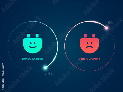 Electric vehicle (EV) UI with minimalist EV charging connector plug showcasing Feeling Faces Status Charging, Low in circles movement vector illustration design concept. EV charging dashboard for ui.