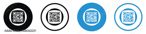 Set of QR code vector icons in different styles. Minimalist square matrix barcodes inside circular borders in black and blue, ideal for digital payments, scanning, and mobile link identification.