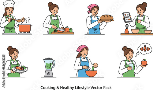 Cooking and Healthy Lifestyle Illustration Set Featuring Women Preparing Nutritious Meals in Flat Vector Style