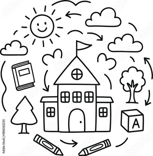 A black and white line drawing of a school building with a sun, clouds, and school supplies, isolated on white background