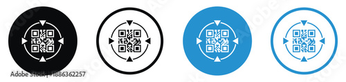 Set of QR code vector icons in different styles. Minimalist square matrix barcodes inside circular borders in black and blue, ideal for digital payments, scanning, and mobile link identification.