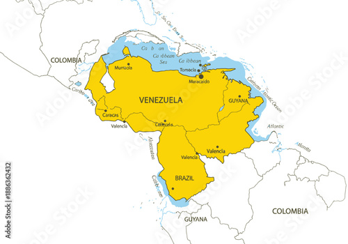 Detailed geographical political map of Venezuela highlighting its territorial divisions and neighboring countries in South America, showing borders and major cities