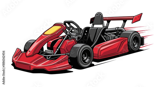 Red racing go-kart with spoiler, fast, speed, vector illustration