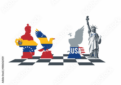 Global Power Play Symbolic Representation of Venezuela and USA on a Strategic Chessboard