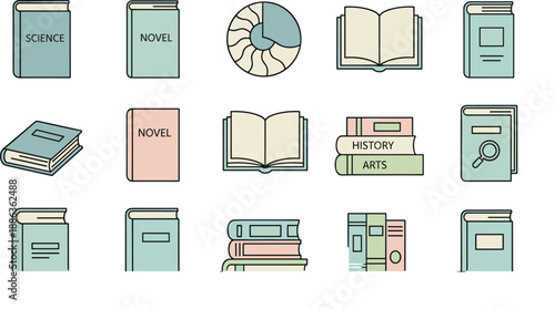 Educational Book Icon Set Featuring Science, Novel, History, and Study Materials in Flat Vector Style