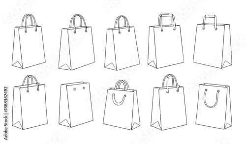 Hand drawn shopping bag line art vector set minimal retail paper bags on white