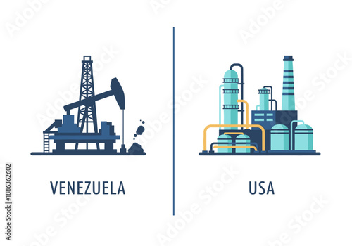 Illustrative representation of oil extraction facilities and advanced petroleum refining plants for energy production