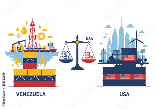 Global economic Usa and Venezuela power dynamics illustrated through resource and currency contrast between nations