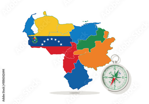 Illustrated map of Venezuela displaying flag and regions, accompanied by a navigational compass