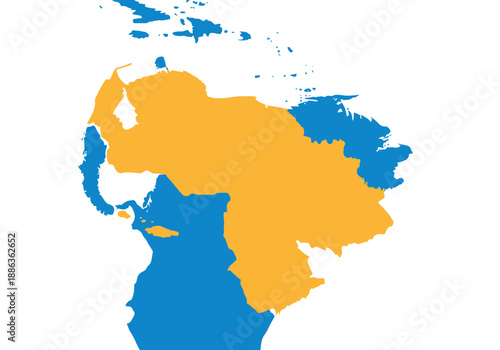 Stylized vector map highlighting the geographical location of Venezuela within the South American continent in vibrant colors