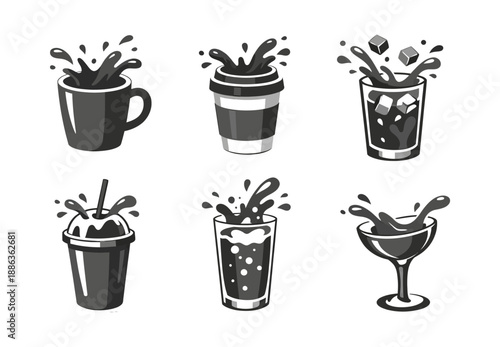 Refreshing drinks splashing in various glass containers