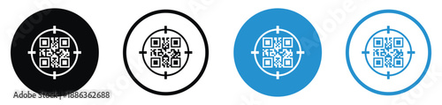 Set of QR code vector icons in different styles. Minimalist square matrix barcodes inside circular borders in black and blue, ideal for digital payments, scanning, and mobile link identification.