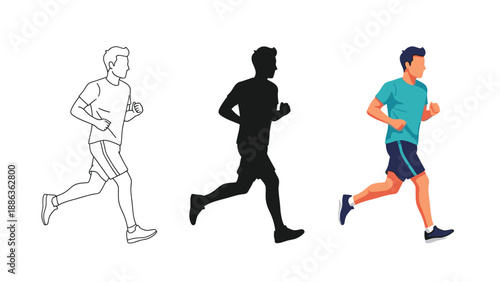 Set of three illustrations of a man running line art, silhouette and full color vector graphic