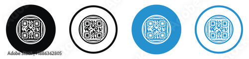 Set of QR code vector icons in different styles. Minimalist square matrix barcodes inside circular borders in black and blue, ideal for digital payments, scanning, and mobile link identification.