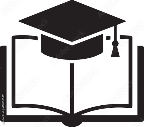 Graduation cap on open book icon, representing academic success, university degree achievement, and higher education. Black minimalist vector symbol for student graduation and library learning.