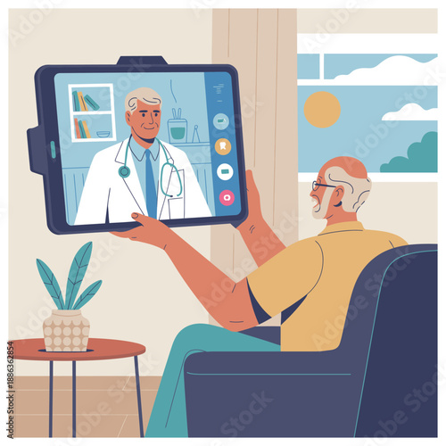 Elderly man having a video consultation with a doctor on a digital tablet.
