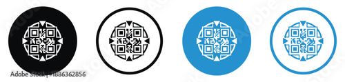 Set of QR code vector icons in different styles. Minimalist square matrix barcodes inside circular borders in black and blue, ideal for digital payments, scanning, and mobile link identification.