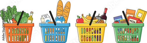 Grocery Shopping Basket Illustration Set Featuring Fresh Food and Household Items in Flat Vector Style