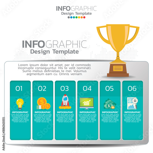 Infographic design template with trophy and six steps