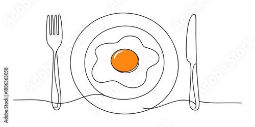 Fried egg breakfast on plate with cutlery line art