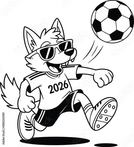 Black and white fox mascot kicking a soccer ball with 2026 jersey