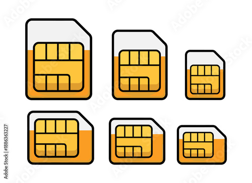 Modern graphic SIM card set featuring standard, micro, and nano sizes for mobile communication technology