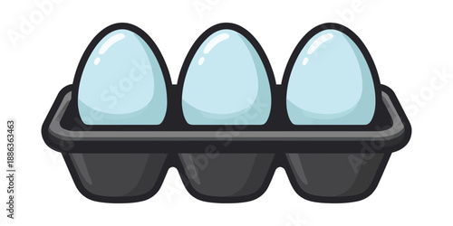 Cartoon style egg carton set featuring three pale blue eggs for breakfast or cooking concepts