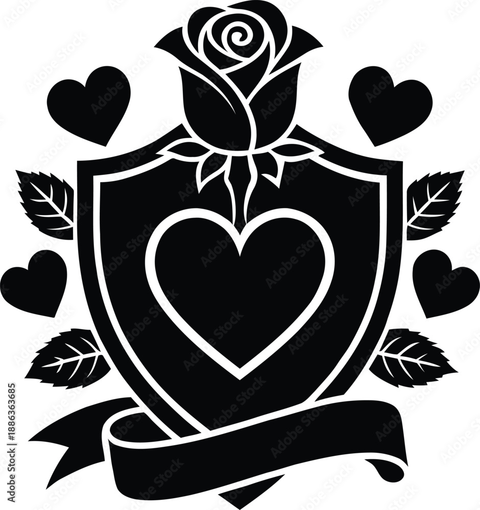 Φωτογραφία Silhouette of decorative floral rose shield crest with heart center and ribbon banner for romantic valentines day design