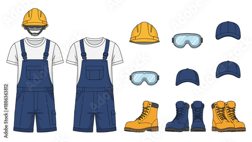 Comprehensive set of professional workwear and personal protective equipment including overalls, hard hats, goggles, boots, and caps.