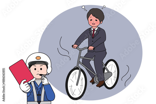 飲酒・酒酔いで自転車を運転をするサラリーマンと赤切符を出す交通警察の男性