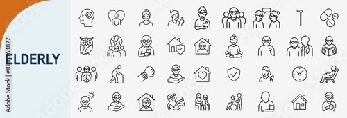Elderly care and senior lifestyle thin line icon set, isolated vector.