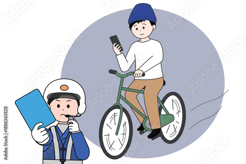 スマホを見ながら自転車に乗る男性に青切符を出す警察官