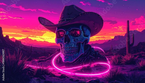 Neon skull cowboy at sunset in desert landscape