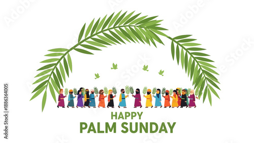 Palm Sunday Illustration with People and Leaves.